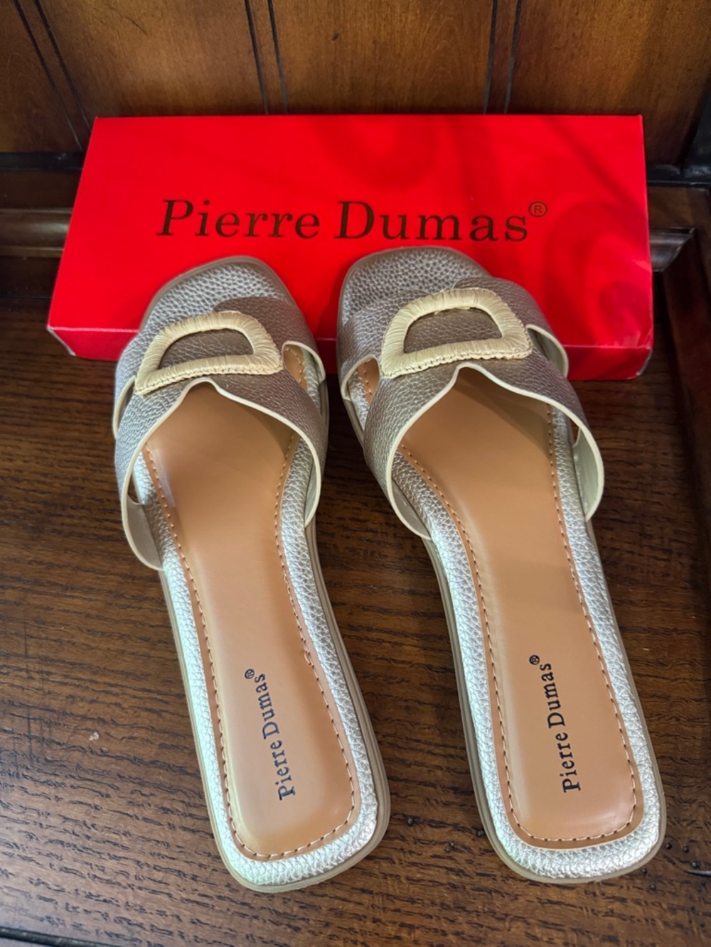 Pierre Dumas Metallic Taupe and Taupe Cream Slide Mules